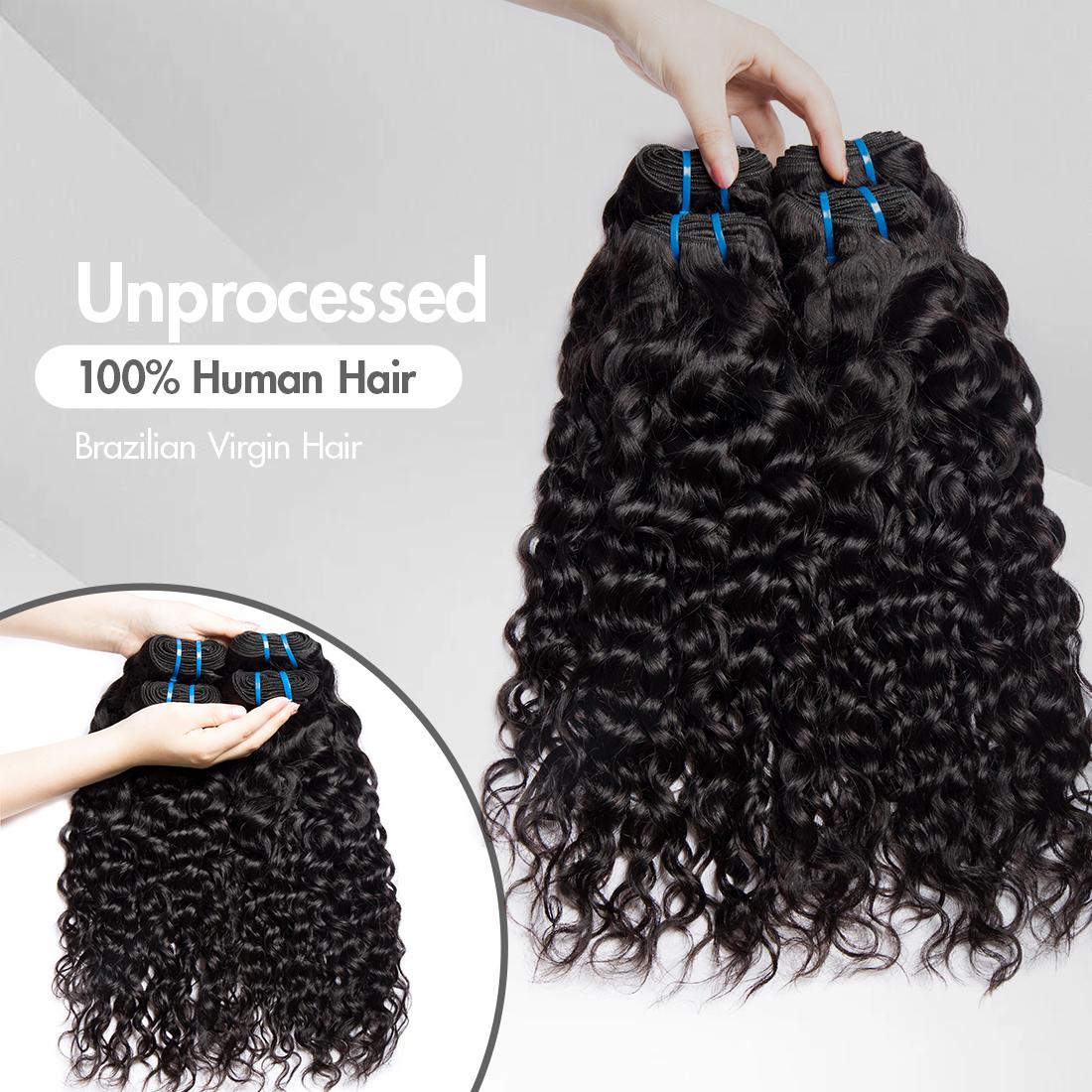 Water Wave Bundles Human Hair Extensions 30 32 Inch Wet And Wavy Curly Human Hair Bundles 100% Unprocessed Brazilian Virgin Hair 1/3/4 Bundles for Women Deep Curly Hair Bundle Weave Extensions Natural Black