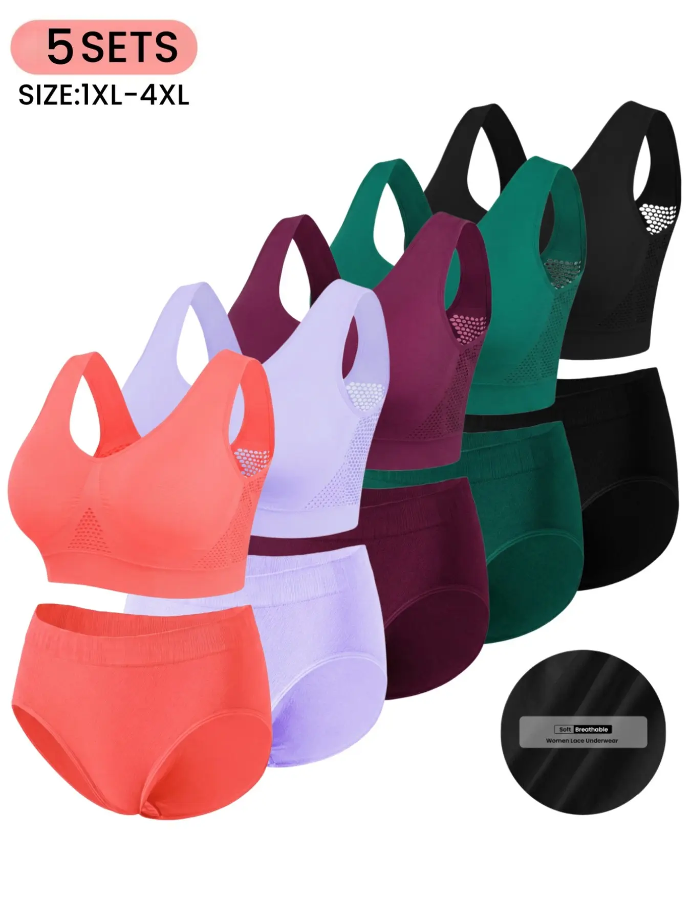Plus Size Women's Underwear Set, Seamless Wide Strap Bra and High-Waist Comfortable Stretch Panties,Basic Lingerie Suit,All-Season Home Wear