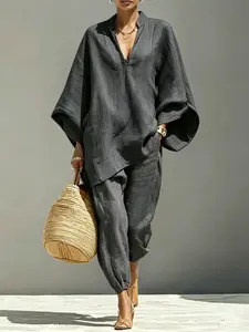Women's Summer Loose Fit Casual Set, Deep V Neck Batwing Sleeve Top, Lightweight Comfortable Two-Piece Long Pants, Multiple Colors Available