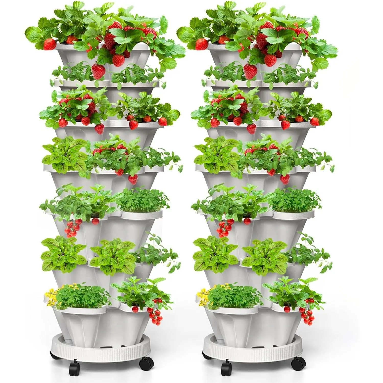 7 Tiered Strawberry Vertical Planter 2 Pack, Stackable Tower Garden Planter Herb Garden Planter with Movable Casters and Bottom Saucer Indoor and Outdoor - White