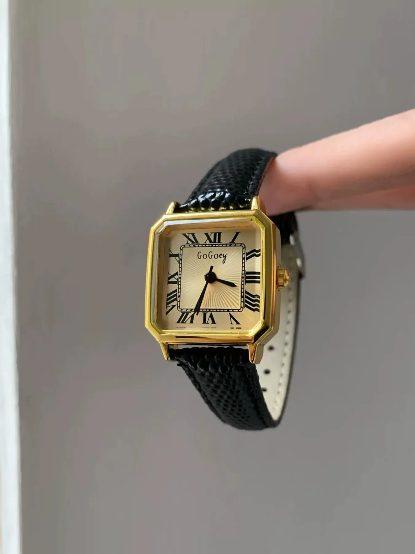 Hong Kong Style Luxury Square Watch, Vintage Roman Numerals, Textured Strap, Elegant Buckle Closure, All-Season Wear
