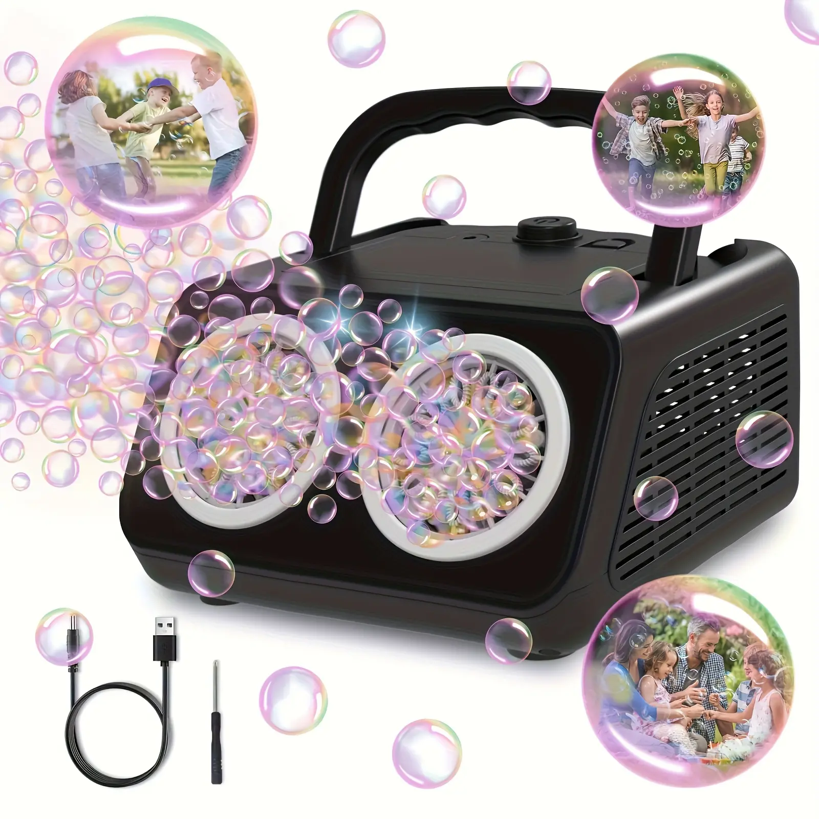 Automatic Bubble Machine, Bubble Blower With 2 Fans 20000+Bubbles Per/Min, Electric Bubble Maker For Kids Toddlers, Operated By Batteries, Includes Bubble Solution, Bubble Toys For Outdoor.