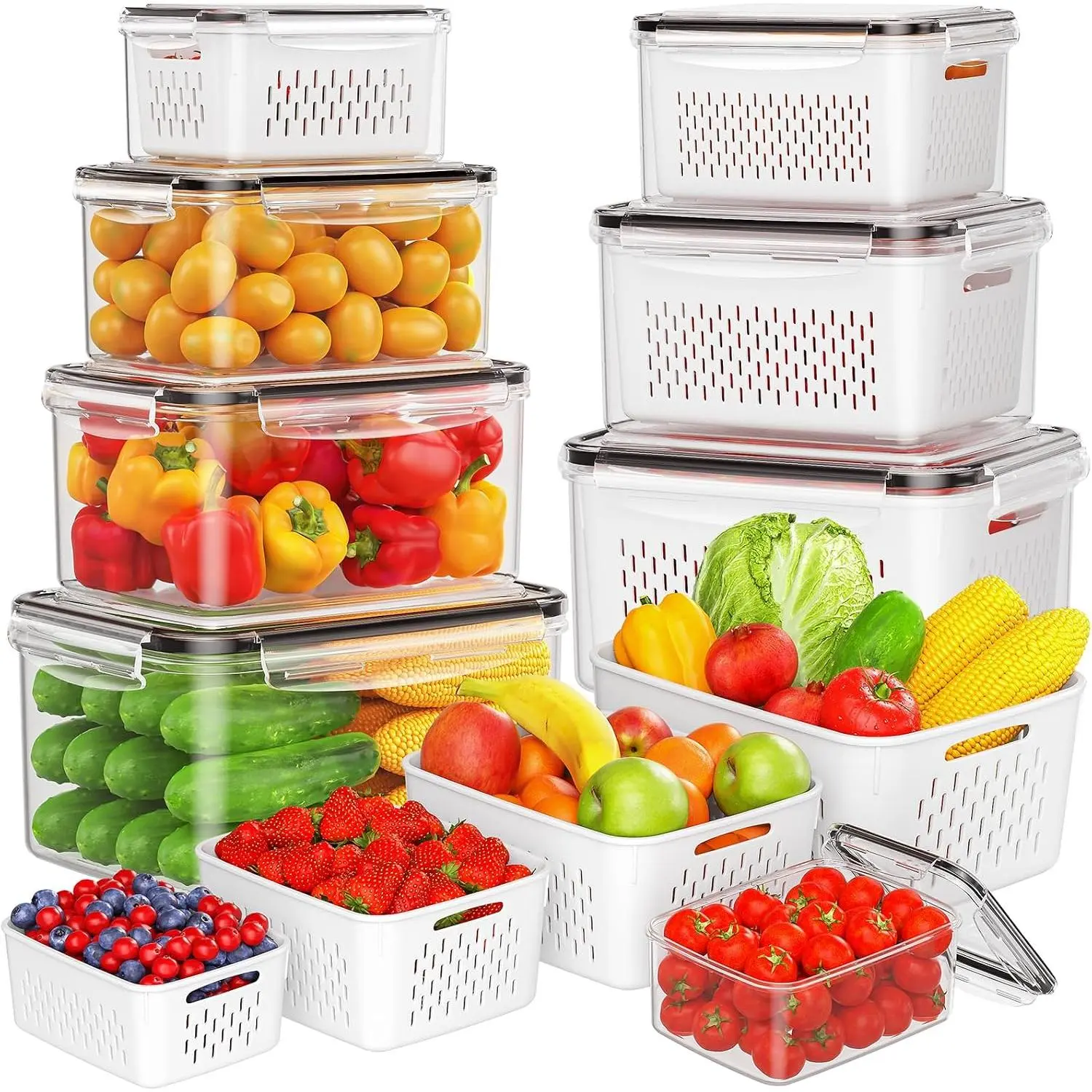 8-Pack Fruit Containers for Fridge, Leakproof Fruit Containers for Fridge with Colanders, BPA-Free Produce Containers with Lids Keep Fruits, Vegetables, Berry, Meat Fresh