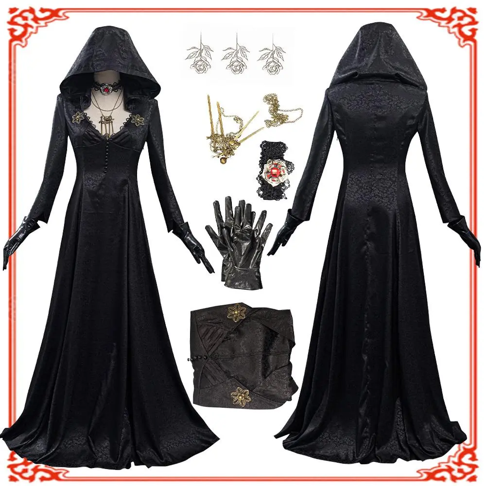 In Stock Moth Lady Evil Cosplay Fantasia Village Vampire Lady Dimitrescu Costume Women Black Dress Halloween Carnival Party Suit