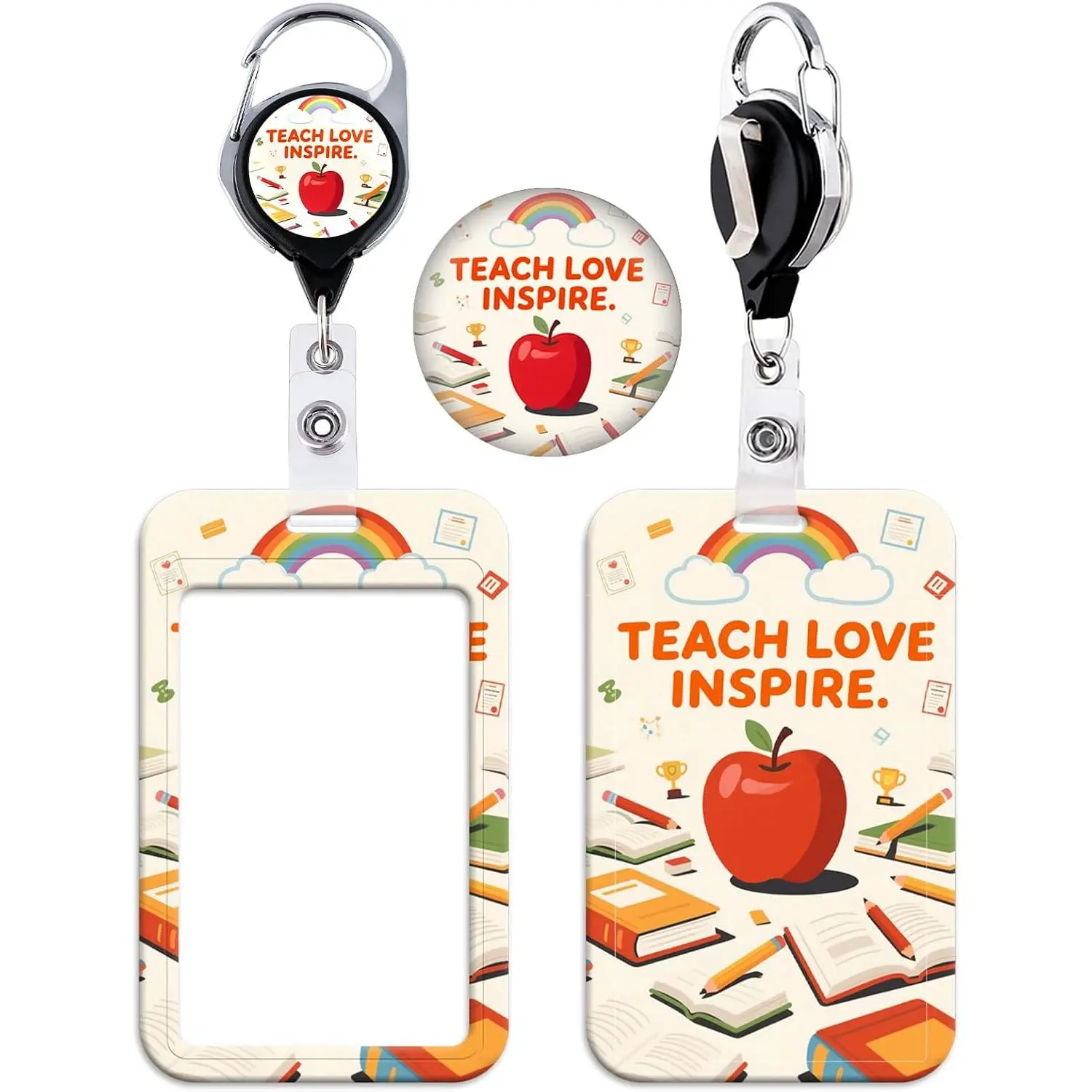Teacher Retractable Reel with Badge Holder, Teach Love  Motivational Design - Durable ID Card Holder with Metal Clip, School-Themed -  for Educators, Student, Women