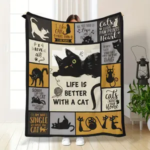 Life Is Better With A Cat Black Cat Grid Quote Print Flannel Blanket Soft Comfortable Flannel Throw Blanket Warm Plush Couch Blanket Bedroom Nap Decorative Home Giftable Blanket For Cat Lover Sofa Room