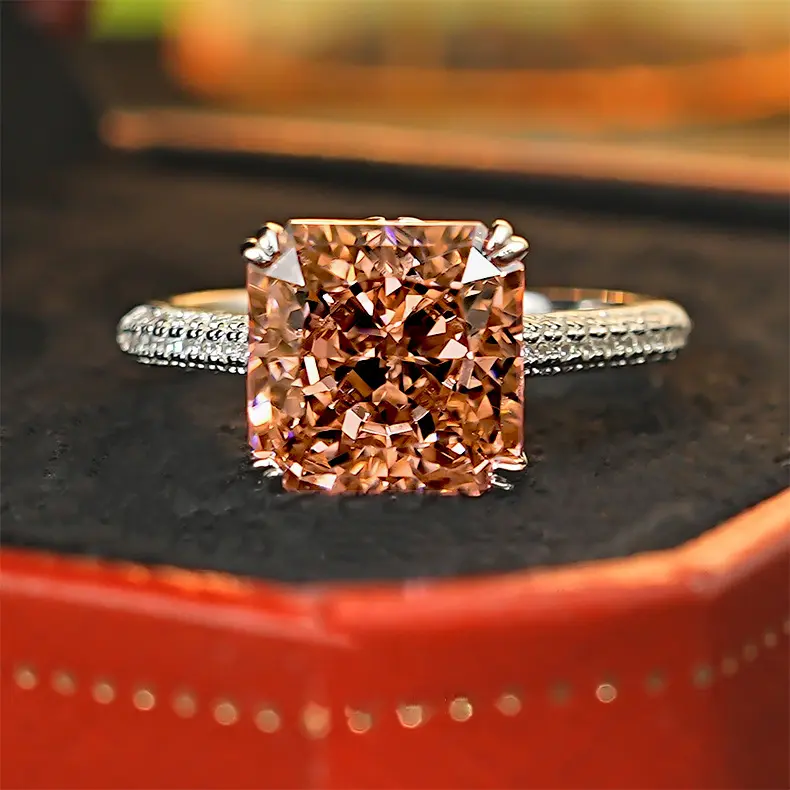 4CT Bling Ice Cut Princess Square Open Ring, Vibrant Padparadscha Morganite Tone Sparkly CZ Statement Ring, Paved Side Stones Adjustable Finger Jewelry, Glam Light Refracting Ornament For Party Dating Daily Stacking, Dainty Budget Fashion Accessory Gift F