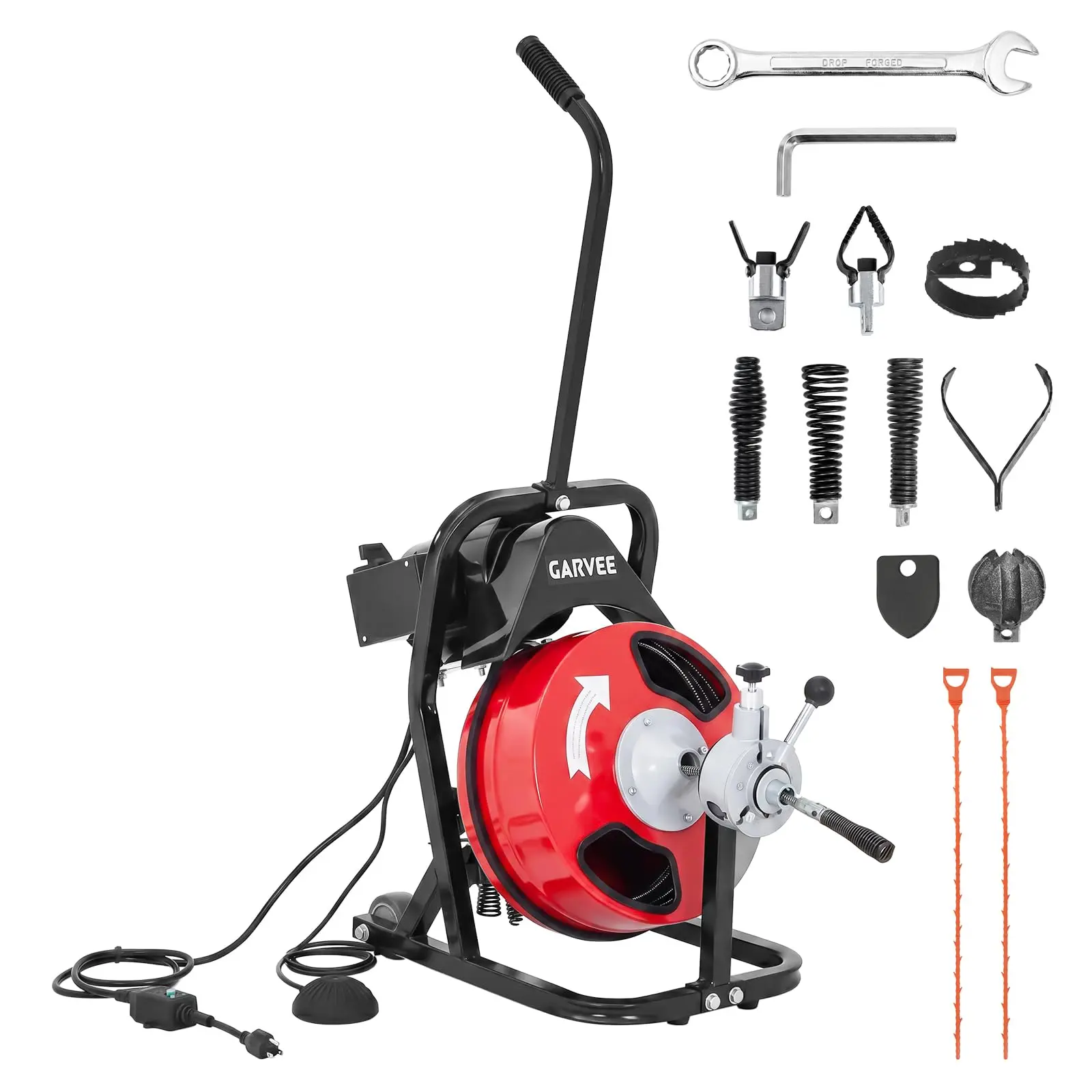 Professional 250W Electric Drain Cleaner Machine - 50FT 1/2" Sewer Snake Auger with Auto-Feed, Air-Activated Foot Switch, 4 Cutter Heads, Semi-Enclosed Drum for 2"-4" Pipes - Plumbing Pipe Cleaning Tool