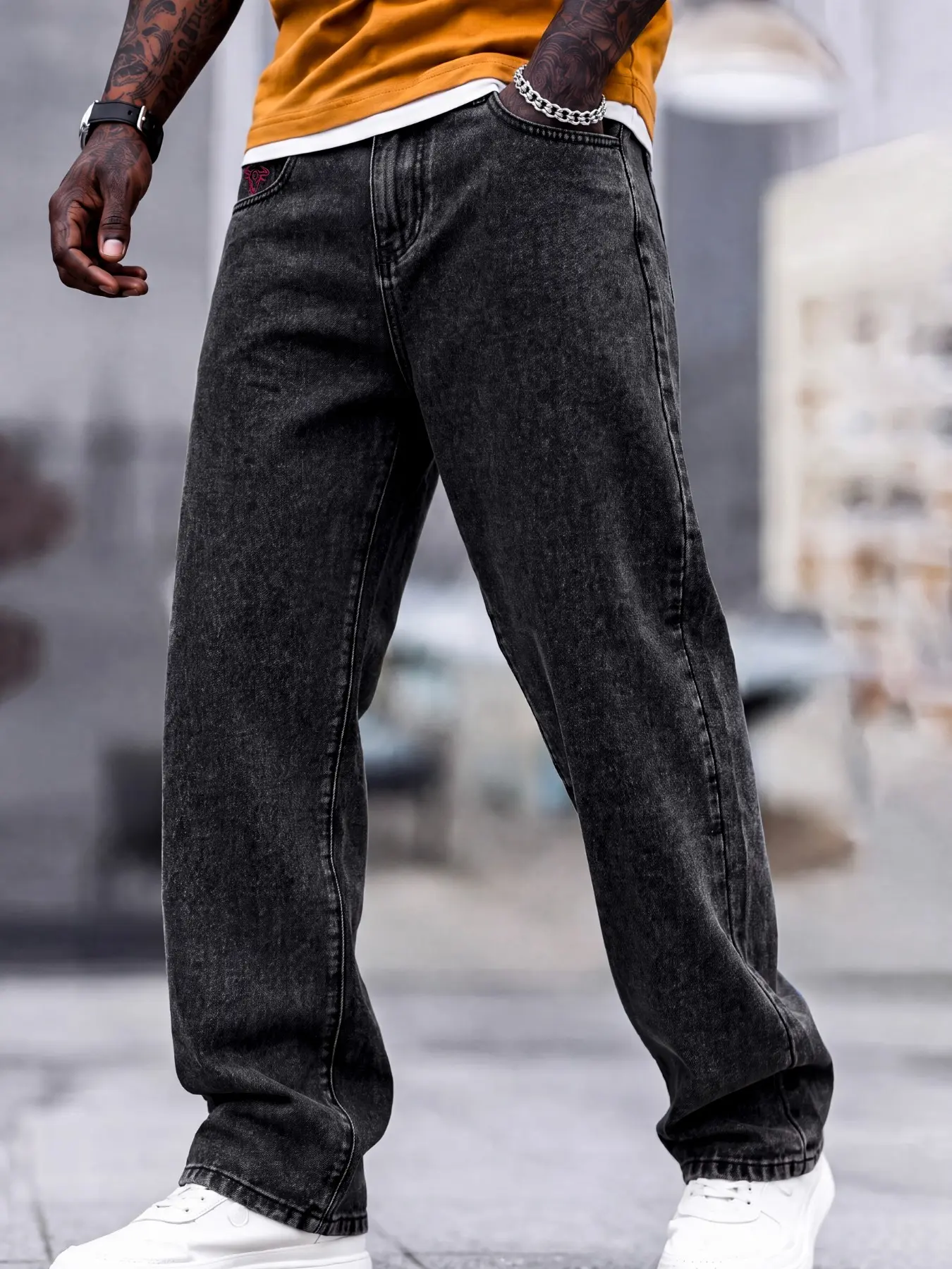 Men's Dark Gray Straight-Leg Jeans, Mid-Rise Straight Fit, Versatile Denim Pants For Daily Casual Streetwear Outfits, Perfect Gift For Friends And Family