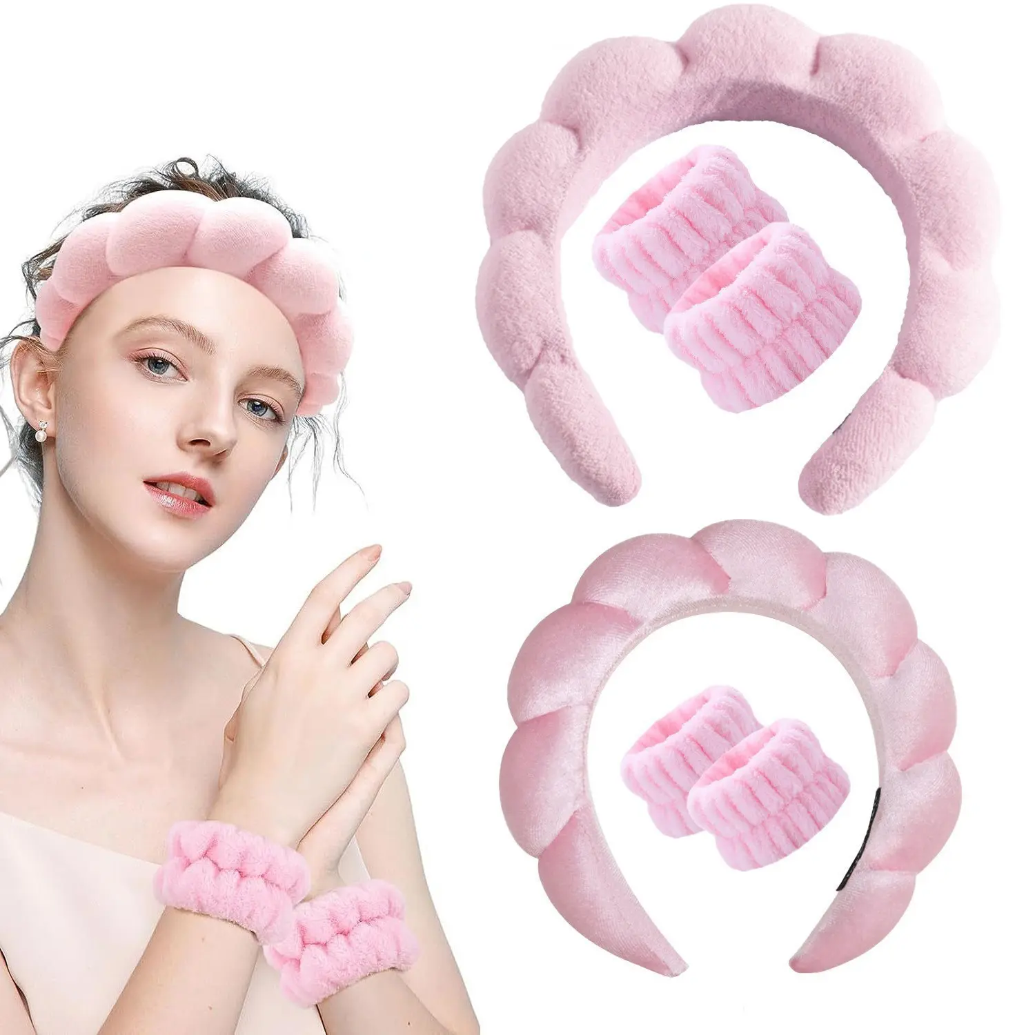 Women's Thick Wide Band Cloud Bubble Padded Fluffy Coral Fleece Spa Headband, Soft Hair Hoop for Skincare, Makeup, Thick Headbands, Bubble Shape, Covers Hairline And Bangs
