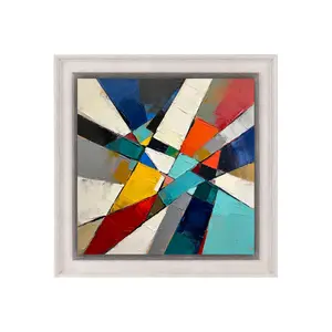Radial geometric abstract art, overlapping jagged triangular color slabs, bold vibrant primary color collision, thick impasto textured oil paint, multi-color wedge block layers, dynamic radiating geom