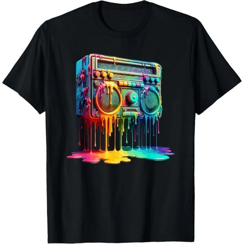 Men's Soft Seamless Pure Cotton T-Shirt - 80s Retro Graffiti Art Boombox Graphic, Oversized Loose Comfy Fit Short-Sleeve Crew Neck, Foldable Breathable Fadesafe Print All-Season Streetwear Top for Hip Hop Enthusiasts