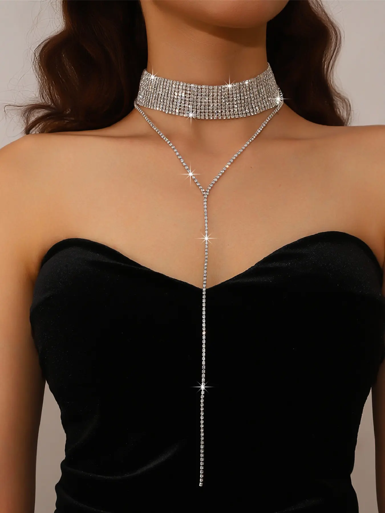 Shiny Rhinestone Long Tassel Necklace for Women, Elegant Party Evening Wear, All-Season Plain Design, Copper Alloy Chain, Copper Chain Jewelry