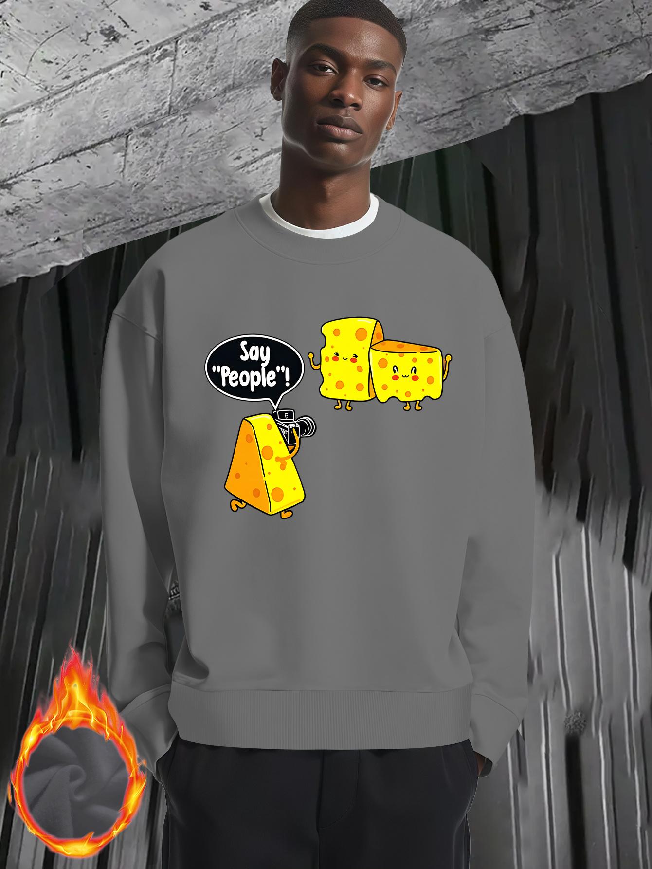 Men'S Funny Cheese & Cheese Slice Graphic Sweater - Oversized Round Neck Long Sleeve Thickened Winter Warmth, Loose Fit Casual Pullover with Cheese Slice & Cheese, Cheese Print - Comfortable Everyday Essential For Men, Cheese Sweater