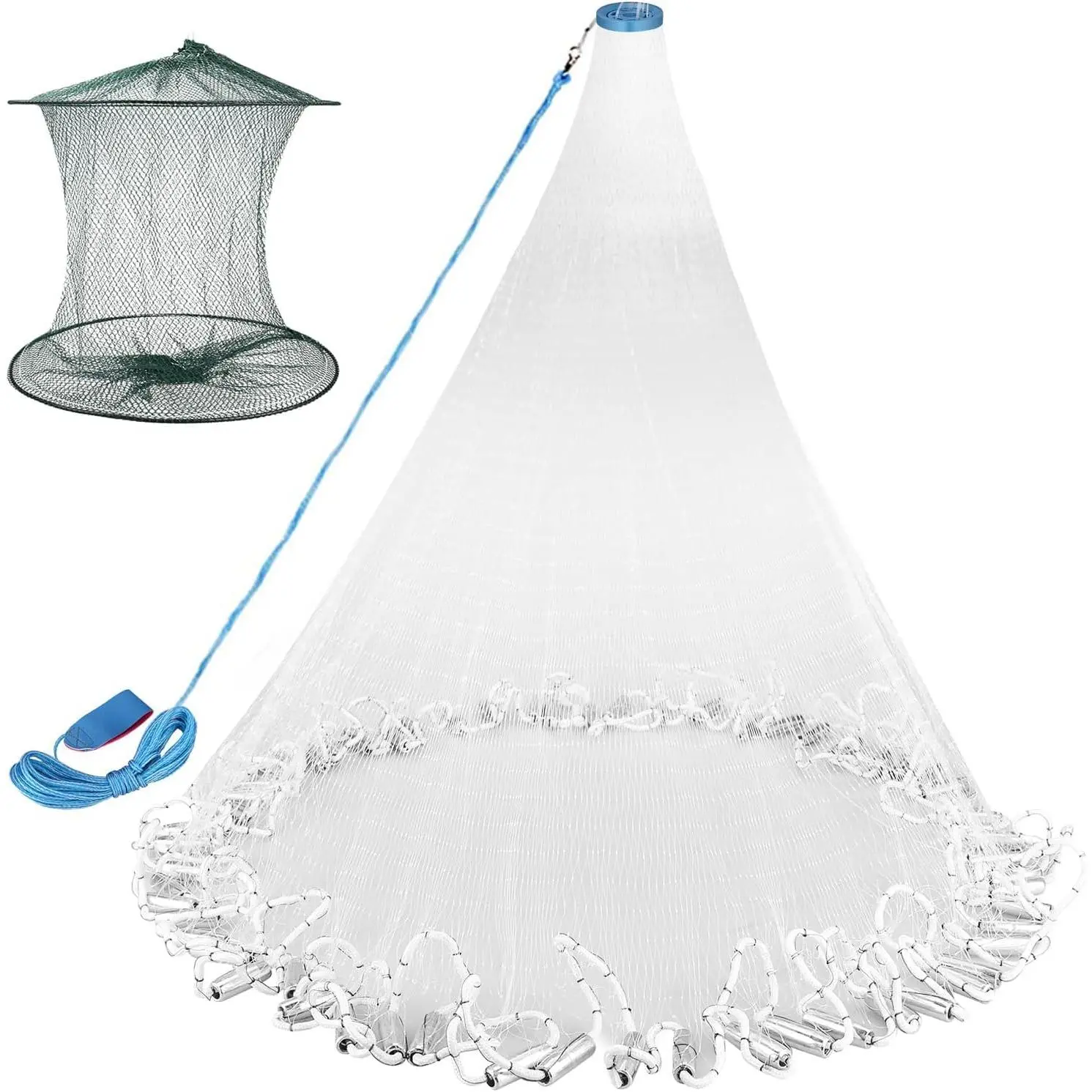 Cast Net for Fishing with Shrimp Cage, American Freshwater Saltwater 3/4/5/6/7/8/9/10Ft Radius Casting Net Bait Trap Fish, Heavy Duty Zinc Sinker, 3/8 Inch Mesh Size