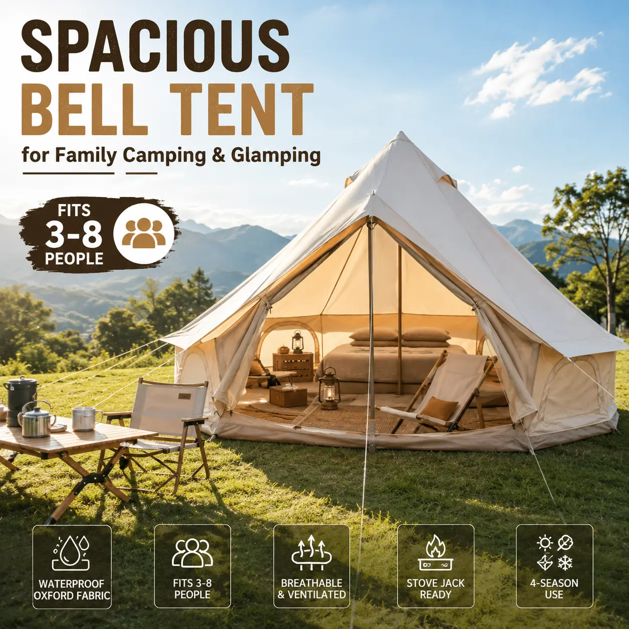 9.8FT Oxford Bell Tent, 3-4 Person 4-Season Waterproof Glamping Yurt Tent with Stove Jack for Family Camping-0001
