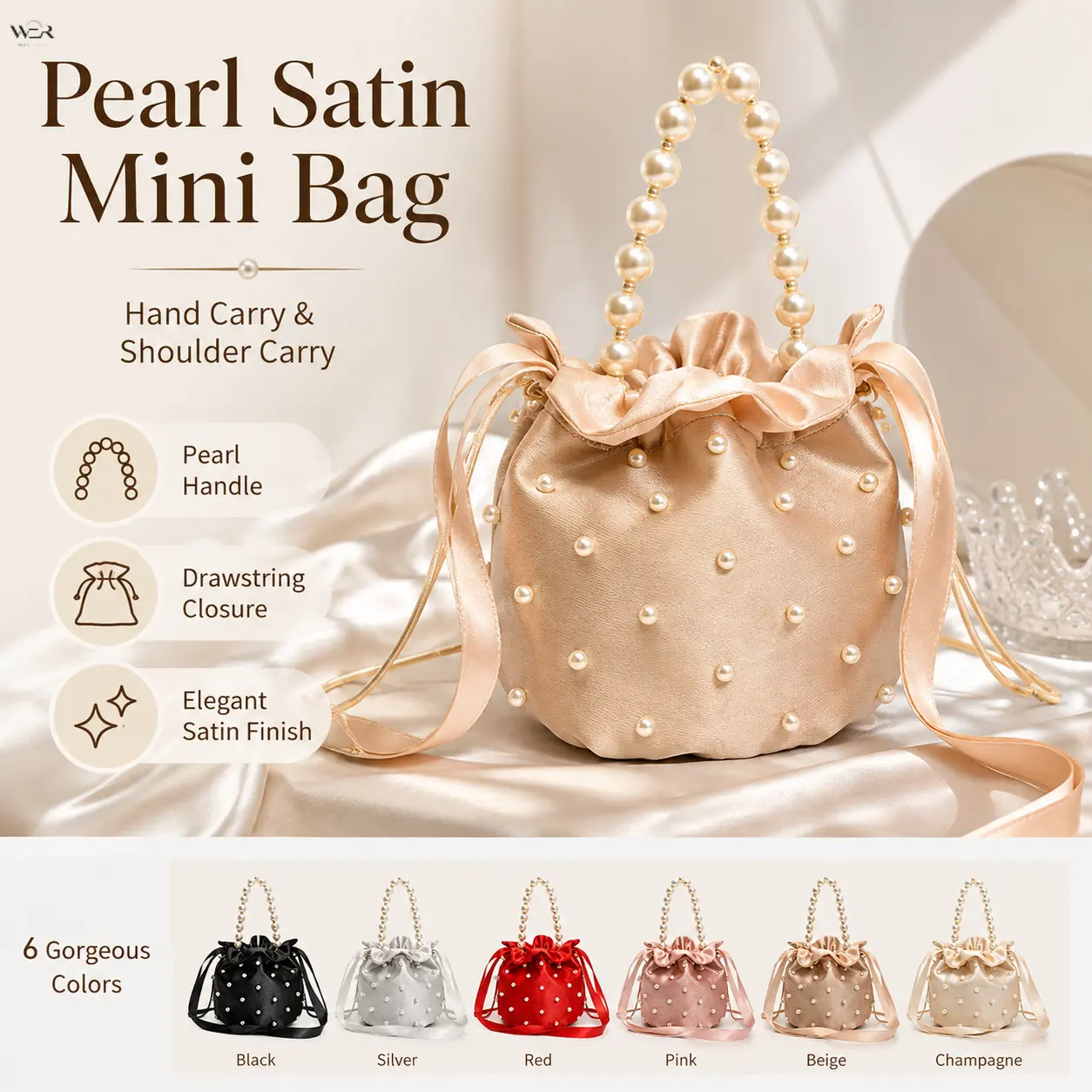 Pearl Satin Mini Bucket Drawstring Bag, Elegant Beaded Satin Evening Clutch with Pearl Handle & Detachable Crossbody Strap, Cute Ruffle Drawstring Wedding Party Handbag for Women, Multi Color Formal Mini Purse for Prom Banquet Date Night
