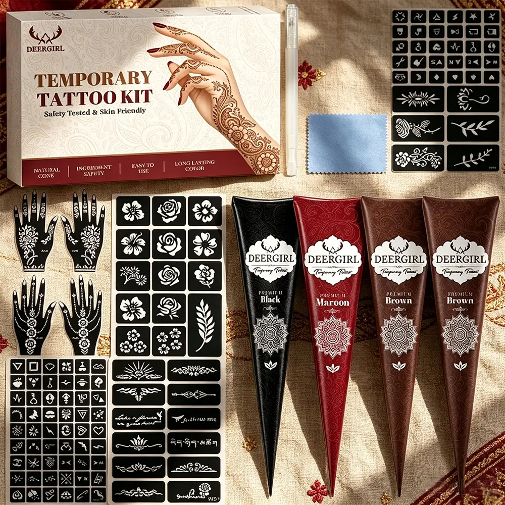 DEERGIRL Multi-color Henna Temporary Tattoo Kit, Diy Tattoos, Henna Designs, Black Brown Cone Henna Paste, Palm Floral Geometric Hollow Stencils With Cleaning Care Tools, Natural Mild Long Lasting Waterproof DIY Body Painting Supplies For Wedding Party