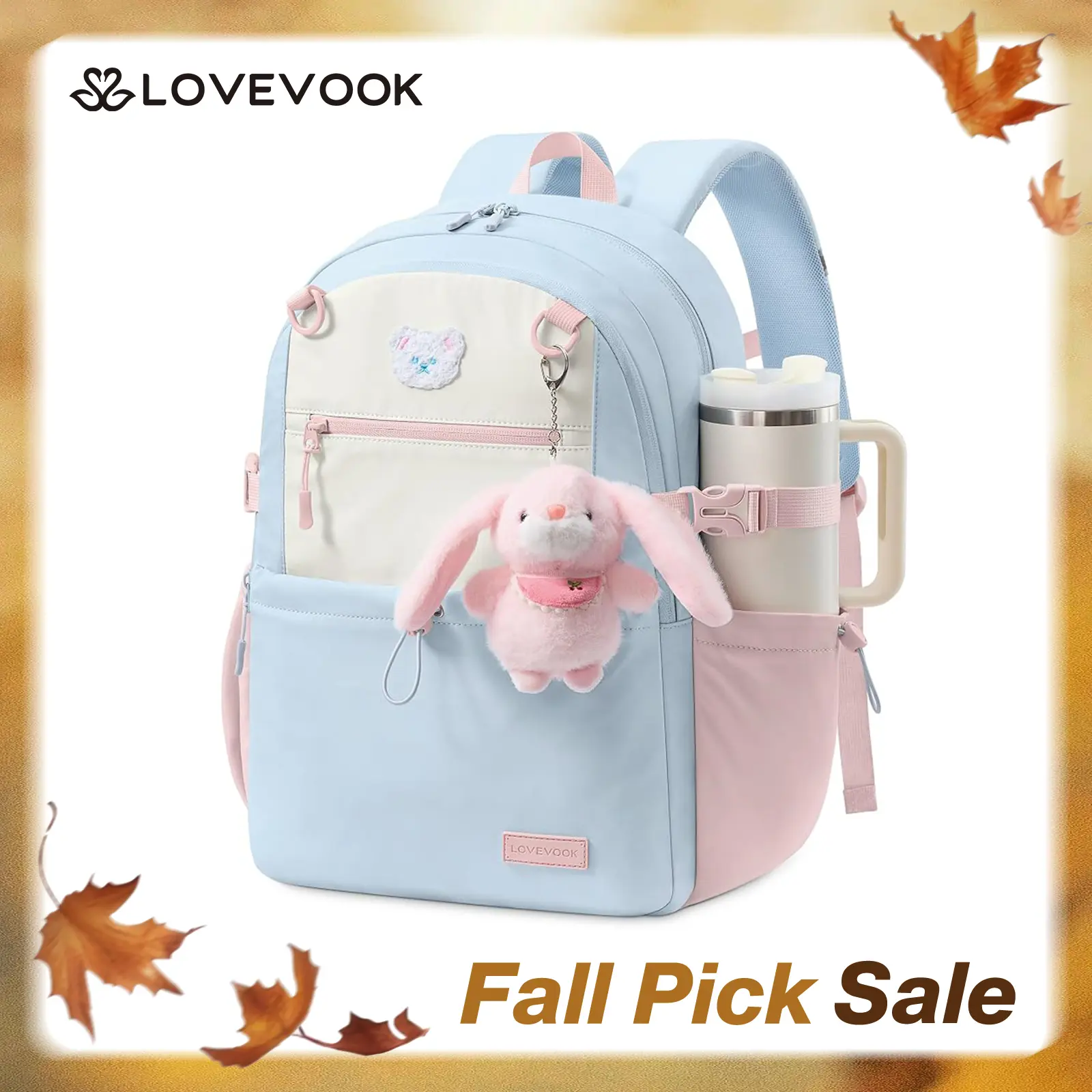 LOVEVOOK Backpack for Girls, Cute School Backpack with Bunny Charm & Large Cup Holder for Primary Elementary, Fits 15.6 Inch Laptop, Large Capacity Girls Bookbag
