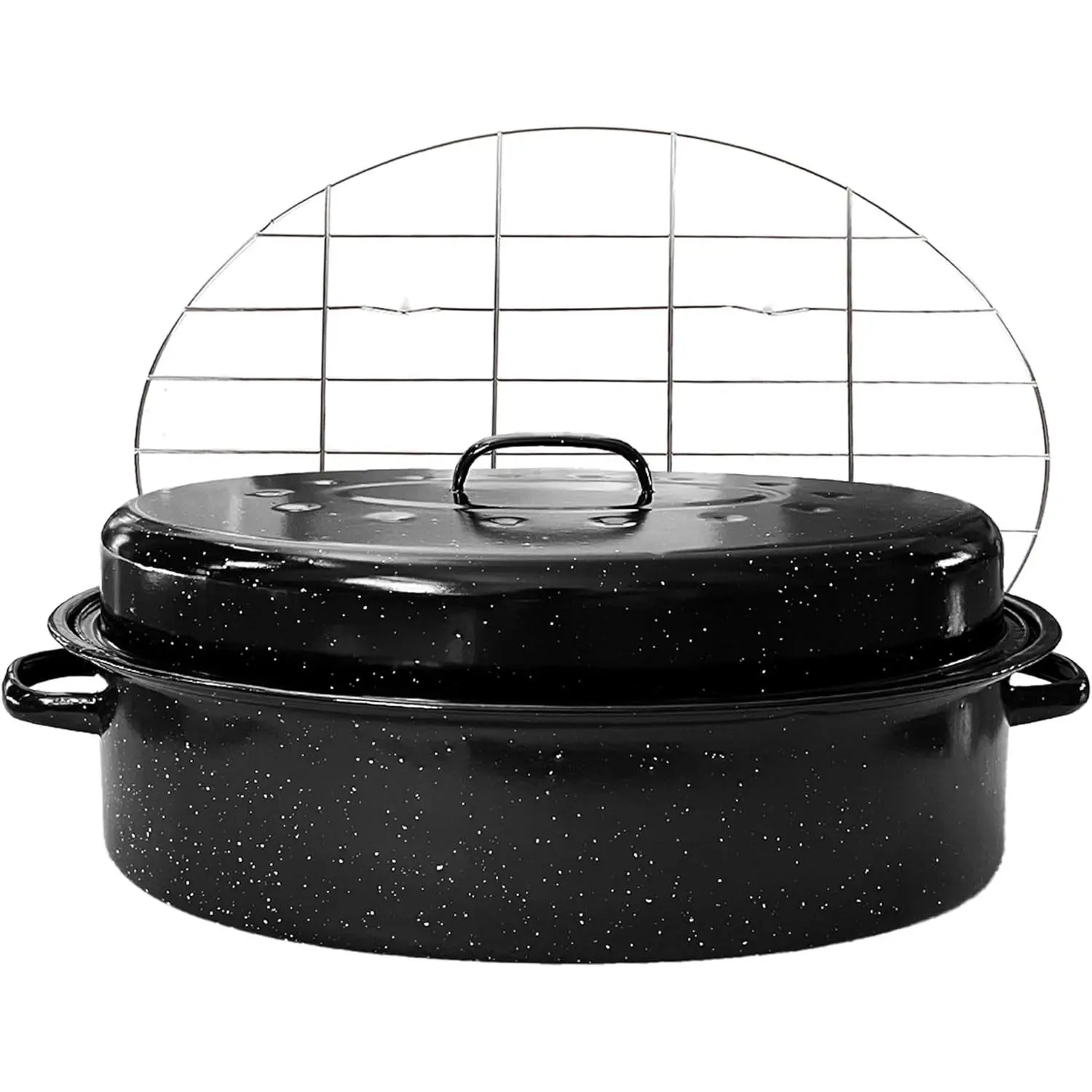 Large Roasting Pan with Lid and Rack 19"Granite Turkey Roaster Pan Set Enameled Steel Design Suitable for Turkey Versatile Cooking Barbecuing Dishwasher Safe Cookware Holiday Gifts
