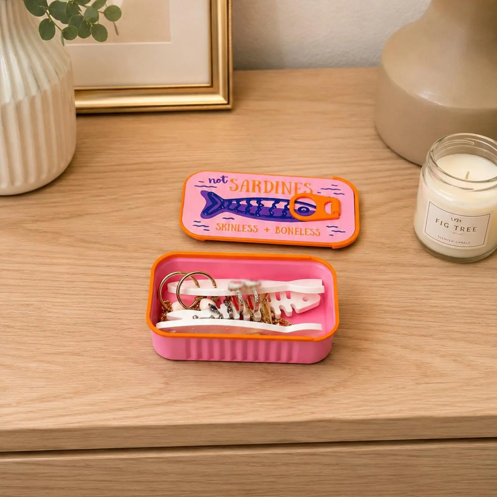 3D Printed Sardine "Tin like" Jewelry Case, Fishbone Earring Holder, Portable Organizer, Cute Pink Tinned Fish Travel Storage Box, Compact Ring Earring Stud Storage Trinket Case, Whimsical Aesthetic Gift for Her