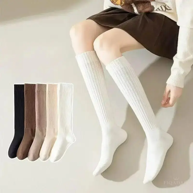 Women's 5-Pair Ribbed Knit Knee High Socks, Soft Warm Solid Calf‑Length Stockings, Stretchy Non‑slip Casual Long Socks For Daily Outfits School Skirt Matching Autumn Outdoor Activities