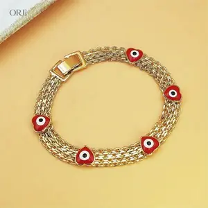 Evil Eye Protection Bracelet for Women, Boho Ethnic Style with Red Beads, Wide Gold Tone Copper Chain, Adjustable Stackable Casual Jewelry,Merry,Christmas,Beaded