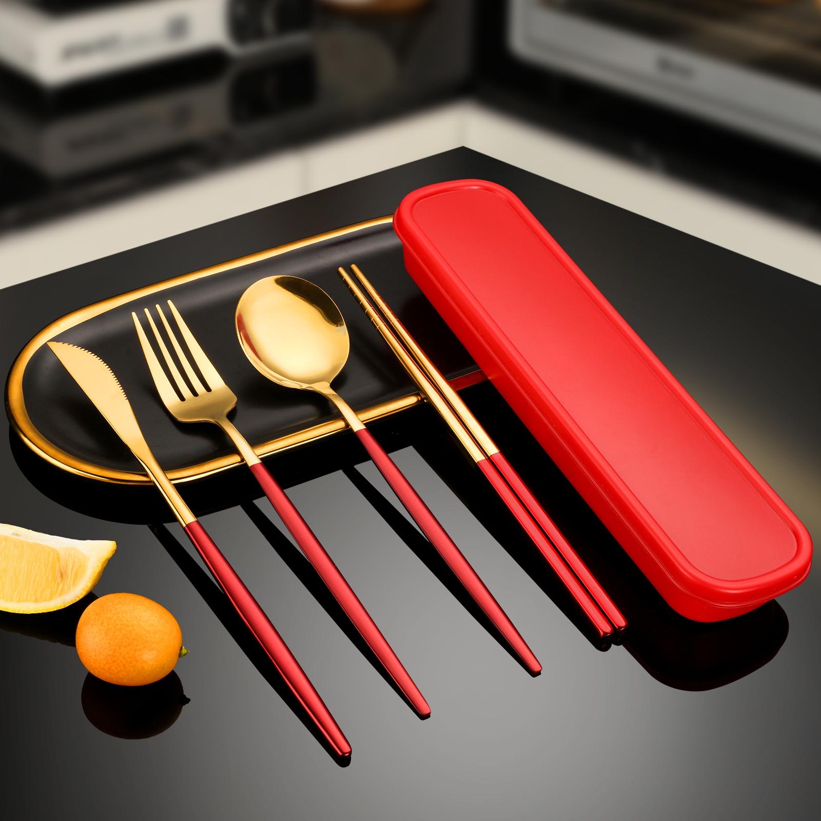 Elegant 4-Piece Gold Stainless Steel Cutlery Set with Storage Box| Reusable Portable Utensils for Travel Camping Office Home| Luxury Household Tableware Gift Set -RR