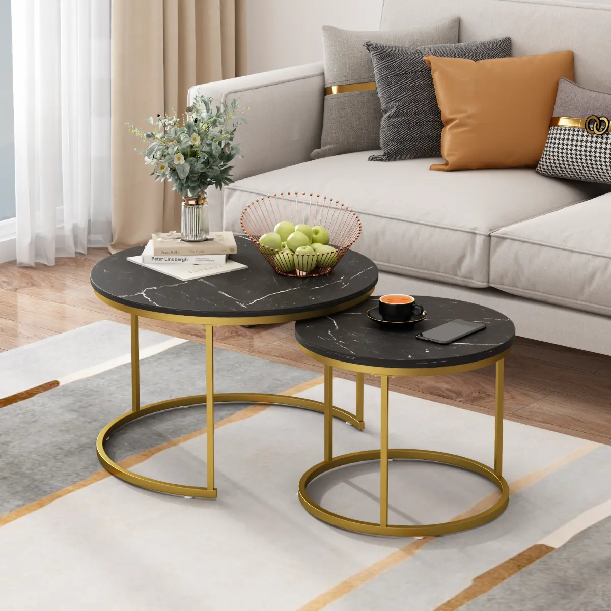 27.6in Nesting Coffee Table Set of 2, Round Coffee Table Wood Marble Pattern Top with Sturdy Metal Frame, End Table Side Tables for Living Room Bedroom Balcony Yard (Black)