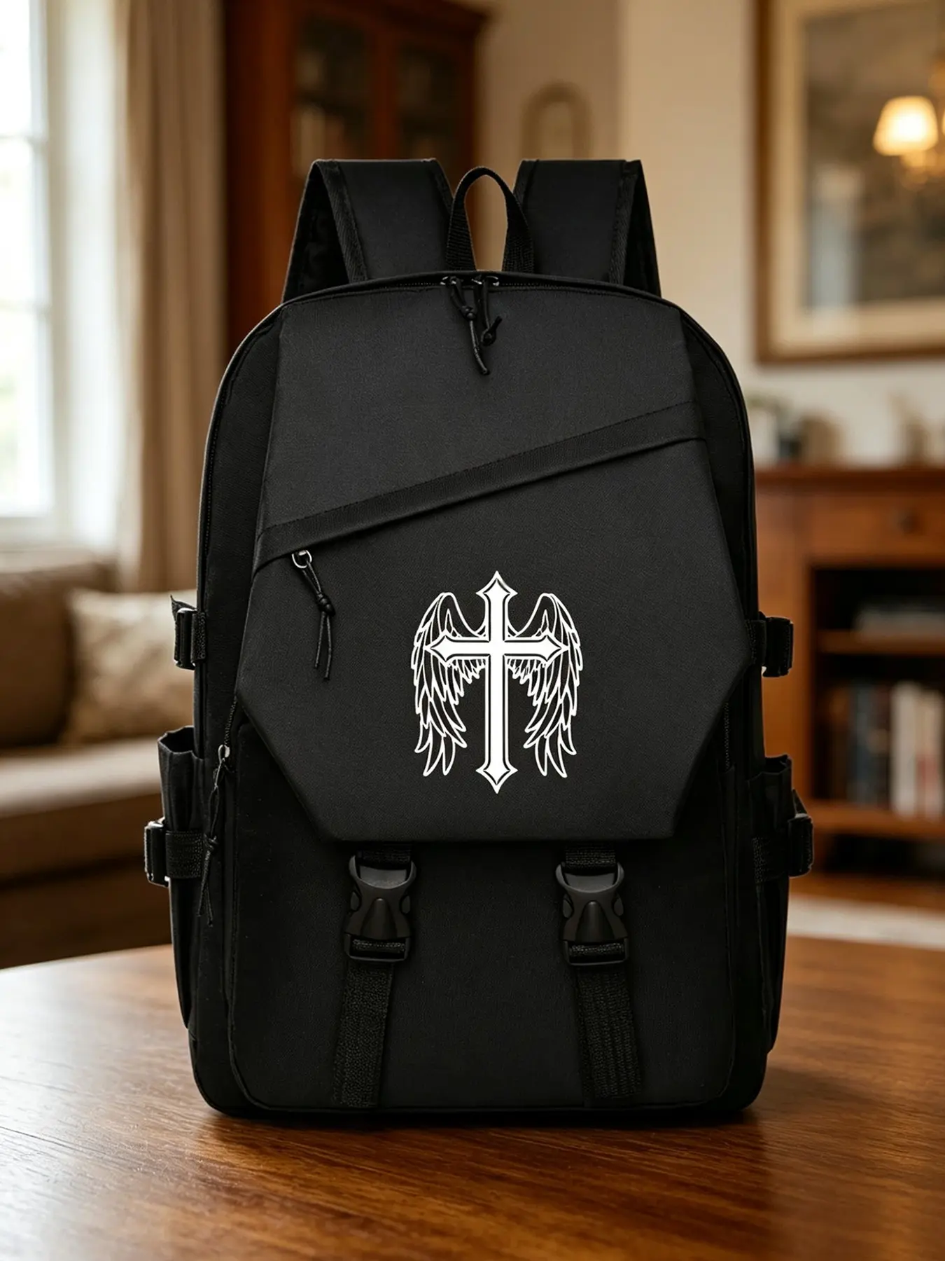 Cross Print Backpack, College Backpack, Computer Backpack, Student Backpack, Casual Laptop Bag, Large Capacity Lightweight Design, Ideal for Campus, Daily Use, Street Style, Outdoor Activities