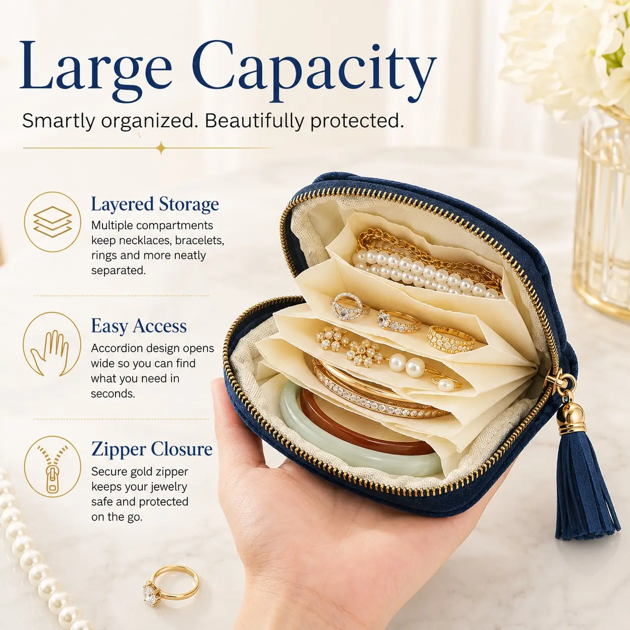 Travel Jewelry Organizer Wallet, Compact Lightweight High Capacity Zipper Bag, Earrings Bracelets Necklaces Storage, Elegant Style Organizer Pouch