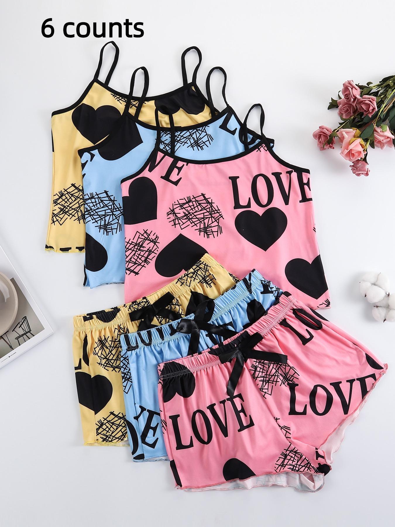 2 Pieces/ 6 Pieces  Women's Heart & Letter Print Lettuce Trim Pyjama Set, Casual Spaghetti Strap Cami Top & Bow Decor Shorts, Summer Sleepwear Loungewear Set for Women