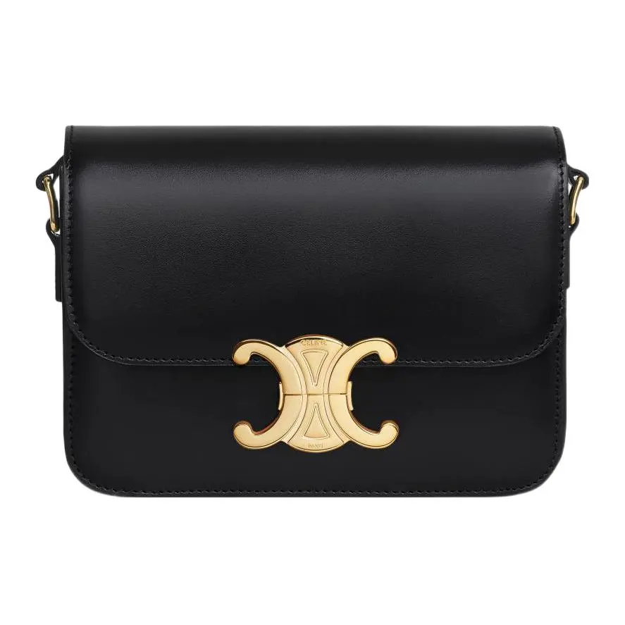 Celine Triomphe Gold-Tone Lock Handbag for Women – Glossy Black Calfskin Crossbody, Shoulder, or Top Handle