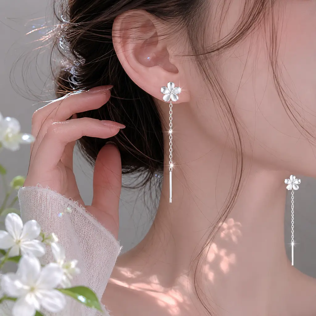 Dainty 0.9 cm Flower Threader Earrings, S925 Silver Plated Brass, 4.5 cm Lightweight Tassel Chain for Women's Fashion, Wedding & Ear Stacking, Flowers, Drop, Hypoallergenic