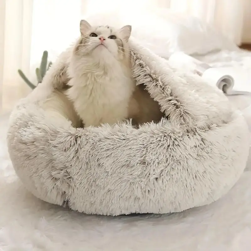 Universal Plush Round Hooded Pet Mattress, Warm Dog Bed Cat Bed for Small Pets, Soft Fluffy Donut Mat for Winter, Perfect Gift