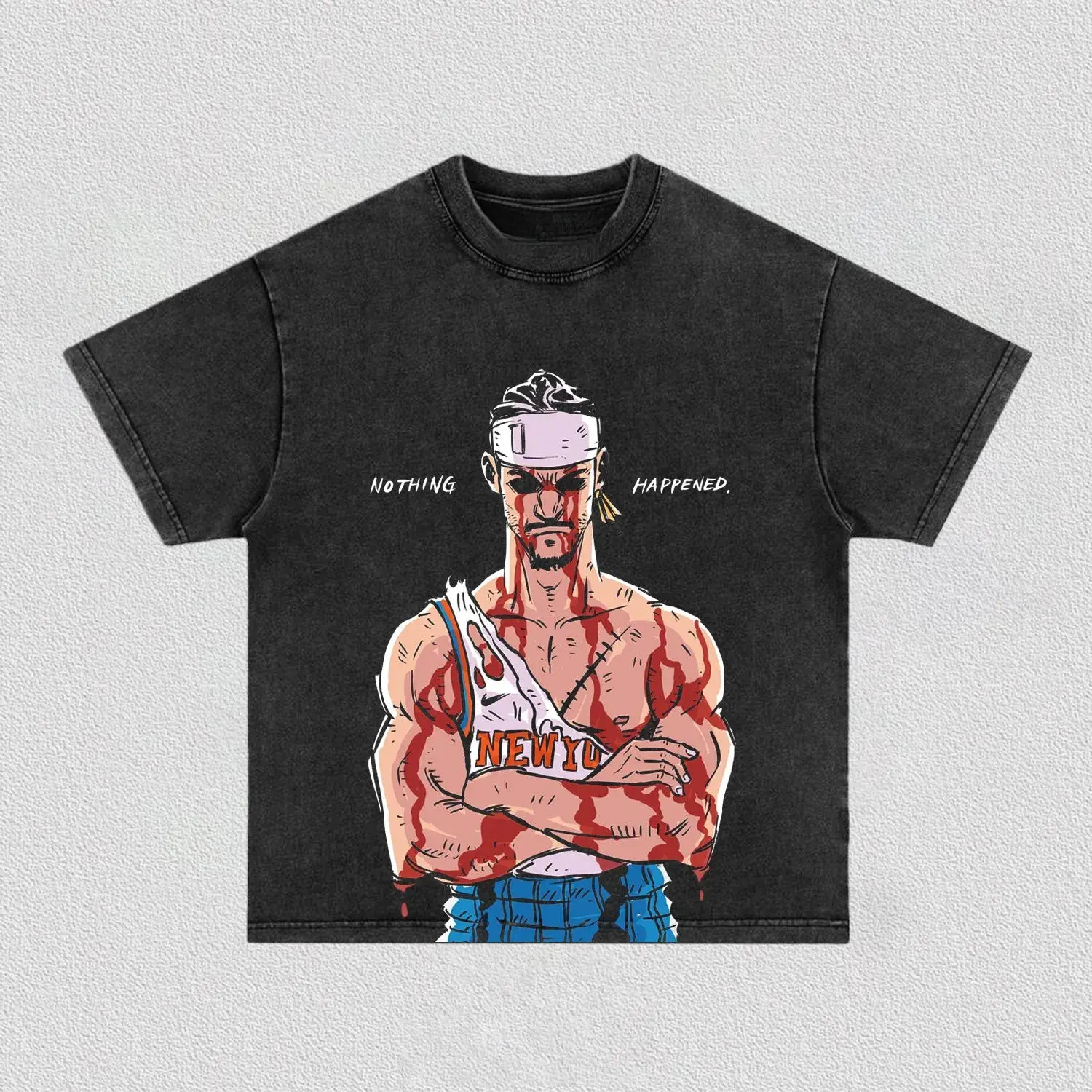 Bandage Head Bloody Muscular Male Cartoon Print Torn City Jersey Crossed Arm Layout Dual Side Quote Text Layout Design Cartoon Sports Athlete Basketball Street Culture Streetwear T-Shirt, Vintage Washed Retro Dark Acid Faded Black Crew Neck Unisex Tee