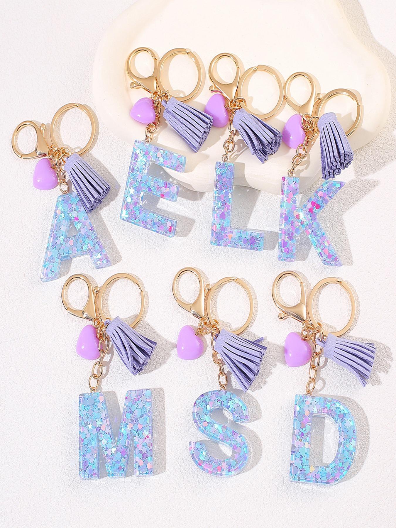 Initials Letter, Cute Heart Tassel Decor Resin Charm with Key Ring, Trendy Cute Keychain, Fashion Accessories for Women & Girls, Unique Gift Idea for Friends and Family