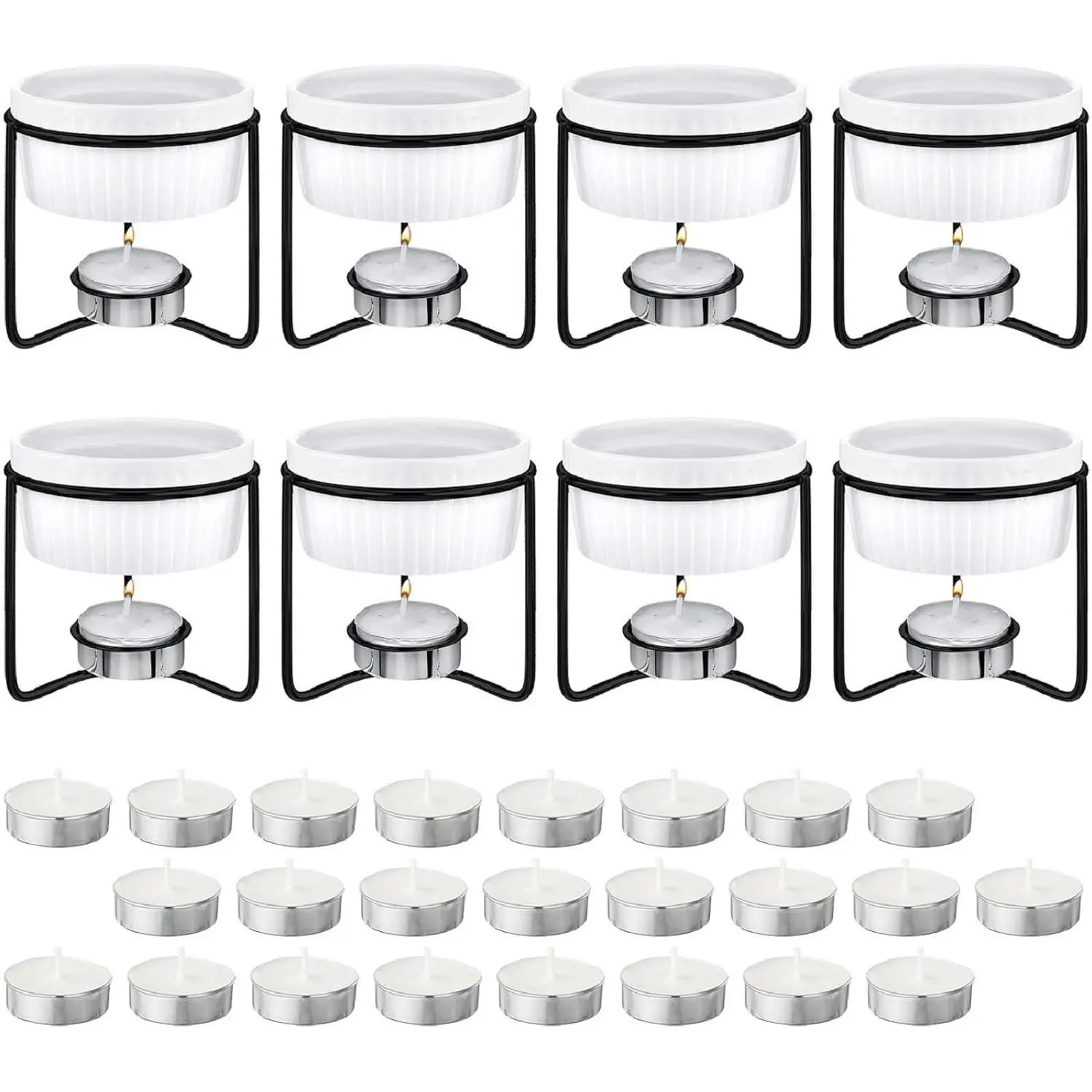 Treela 40 Pcs Ceramic Butter Warmers Set with 32 Tealight Candles, for Chocolate Cheese Fondue Crab Lobster, Microwave Oven Safe, White & Black