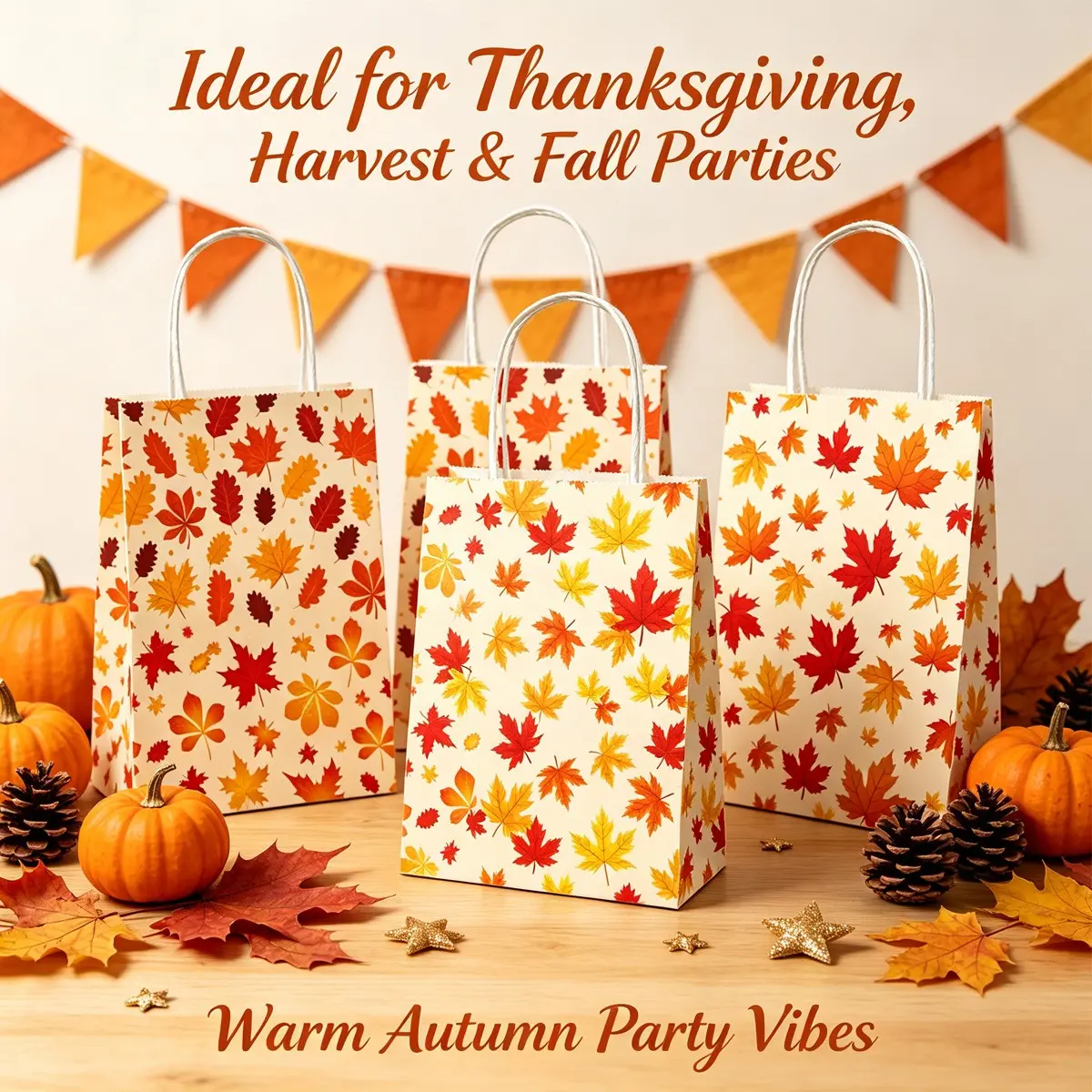 12pcs Thanksgiving Kraft Paper Gift Bags, Pumpkin & Maple Leaf Patterns, Ideal for Birthdays, Harvest Festivals, Autumn Celebrations