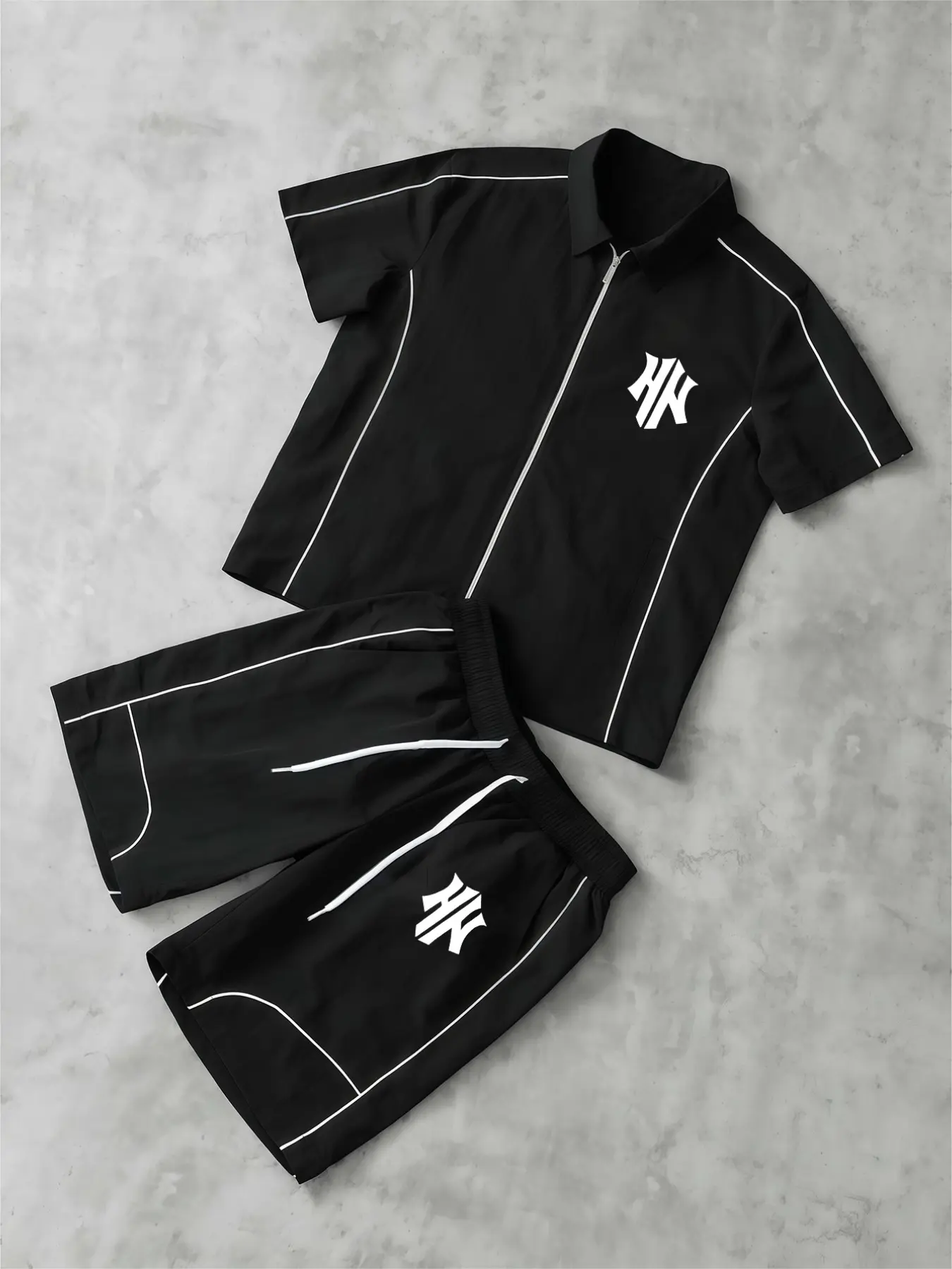 Men's Lightweight Windbreaker Two-Piece Set, 100% Nylon, Lapel Zip Short Sleeve Top, Loose Wide Leg Pants, Casual Sportswear