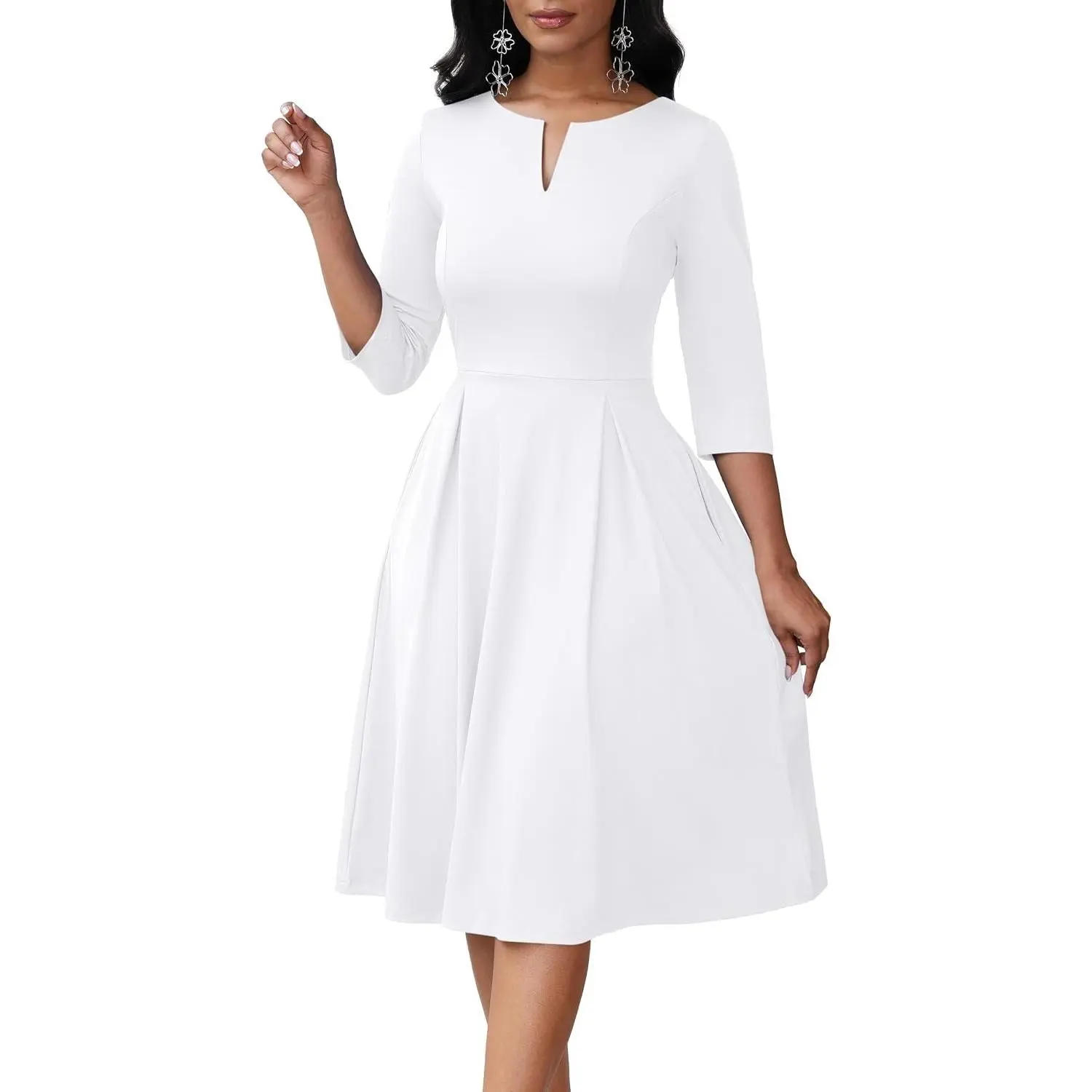 A-Line Semi Formal Fit and Flare Midi Dress with Pocket | 3/4 Sleeve, V Neck, Women Elegant Style, Church, Funeral, Wedding Guest, Cocktail, Party, Work, Casual Dresse