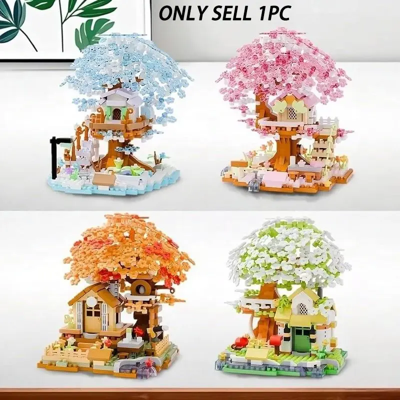 690pcs Four-Color Sakura Tree House Creative Building Blocks, Flower Building Blocks, Abs Material, DIY Toy, Living Room Decoration, Perfect Gift for Holidays, STEM Building Blocks, Building Block Sets, Building Blocks Set