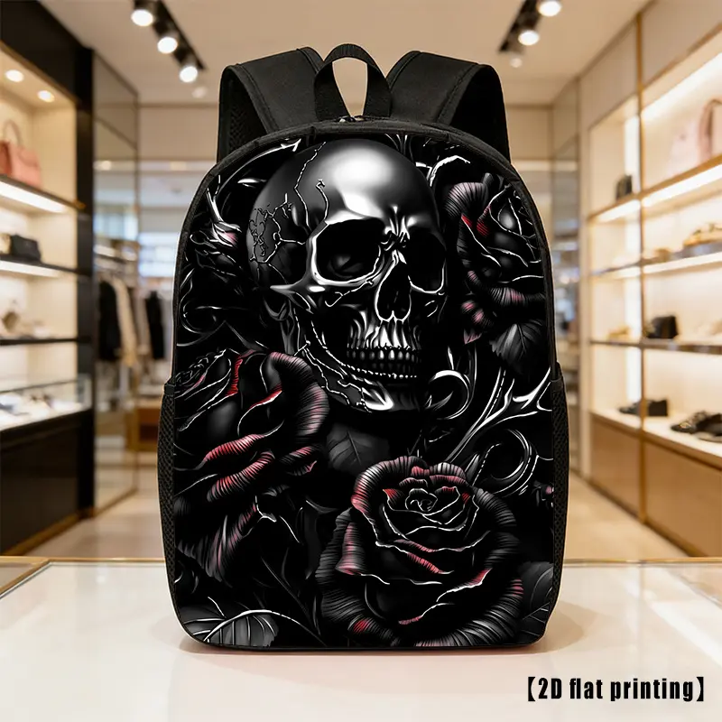 Gothic Skull Rose Polyester Fabric Backpack with Bold Graphic, Top Handle, 2D Flat Dark Floral Skeleton Print, Side Pockets, Lightweight Unisex School Backpack for Teens, Halloween Gift Gym Daypack, Backpacks For School, School Backpacks