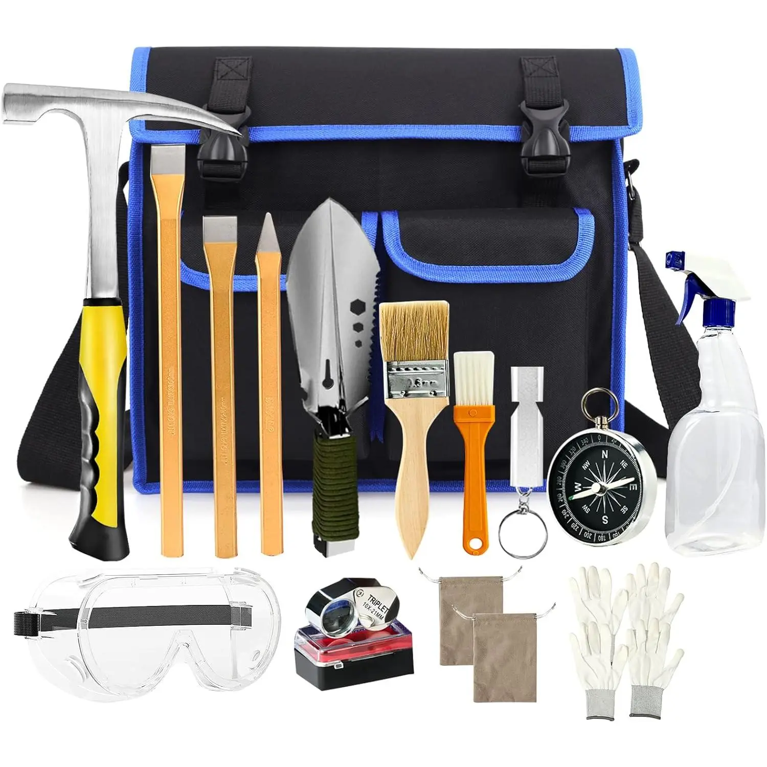 Heavy Duty Geology Rock Pick Hammer Kit (17-Piece) - 32oz Hammer, 3 Digging Chisels, 11.8 Inch Multi-Function Shovel, Compass, Whistle, 1 Bottle, 2 Musette Bags for Beginner Rock Hounding