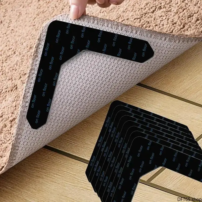 8-Count Non-Slip Synthetics Rug Gripper Stickers, Strong Self-Adhesive Flexible Thin Silicone Pads, Flat Profile Anti-Curling Accessory for Living Room Bathroom Carpet Secure Fixing, 8 Counts