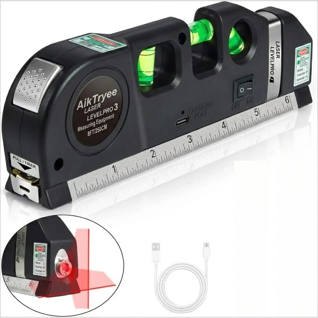 Smart 4 in 1 Laser Level Tool, Rechargeable Cross Line Laser Leveler with 8ft Measuring Tape Ruler, Type-C Fast Charge High Precision Leveling Tool for Picture Hanging & DIY