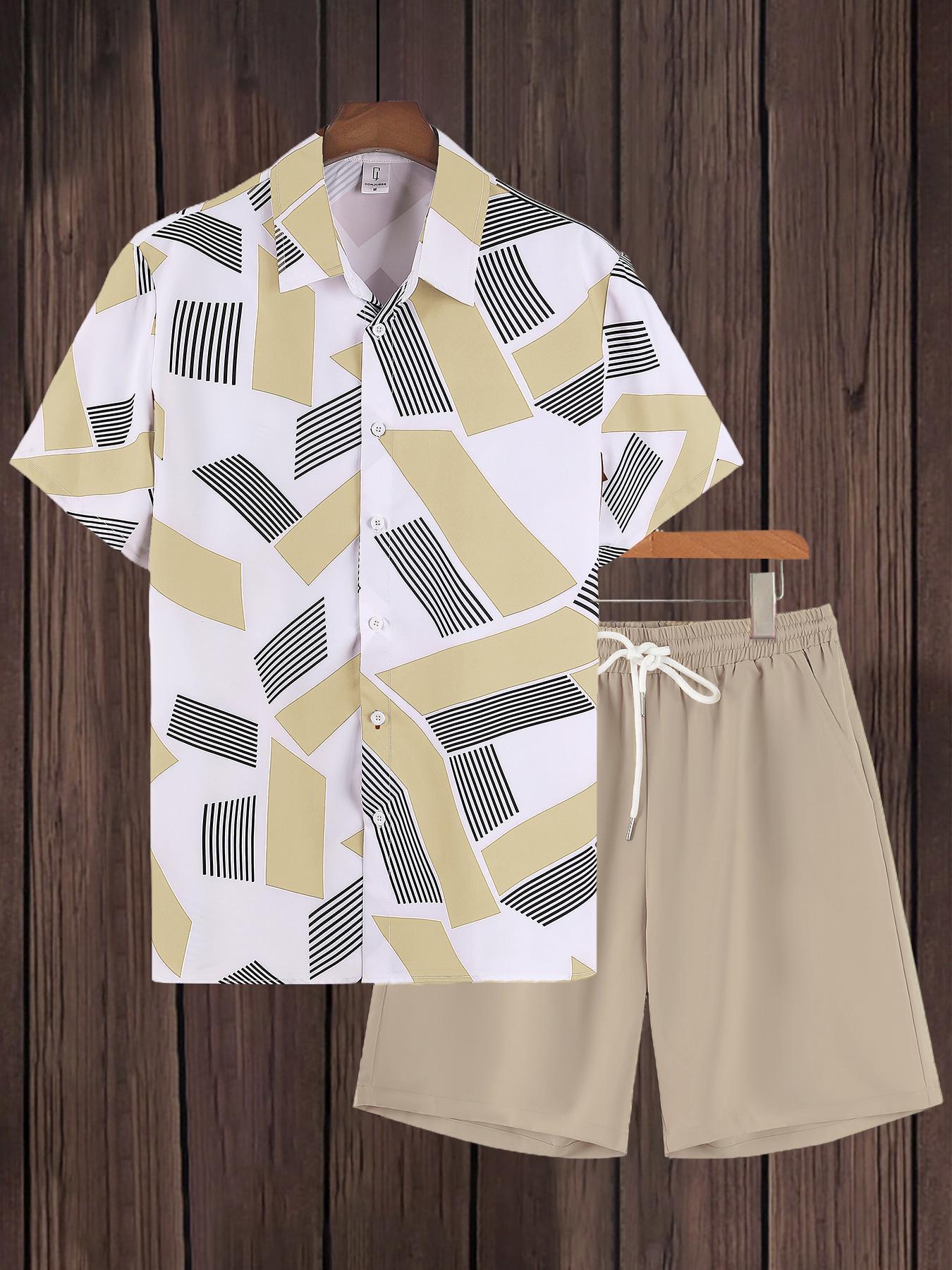 Men's Geometric Print Top & Drawstring Waist Shorts Loungewear Two-piece Set, Regular Fit Relaxed Casual Comfy Short Sleeve Top & Pocket Shorts Set, Men's Sleepwear for Summer, Pajamas