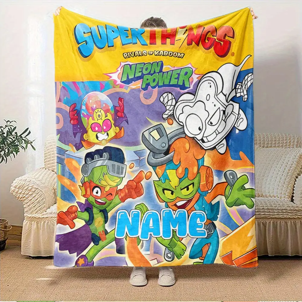 Custom Name SuperThings Rivals of Kaboom Neon Power Fleece Throw Blanket - Superheroes, Neon Colors, Fleece Fabric, Cartoon Artwork, Soft Lightweight Kids' Room Decor Gift for Cartoon Fans' Birthdays/Holidays