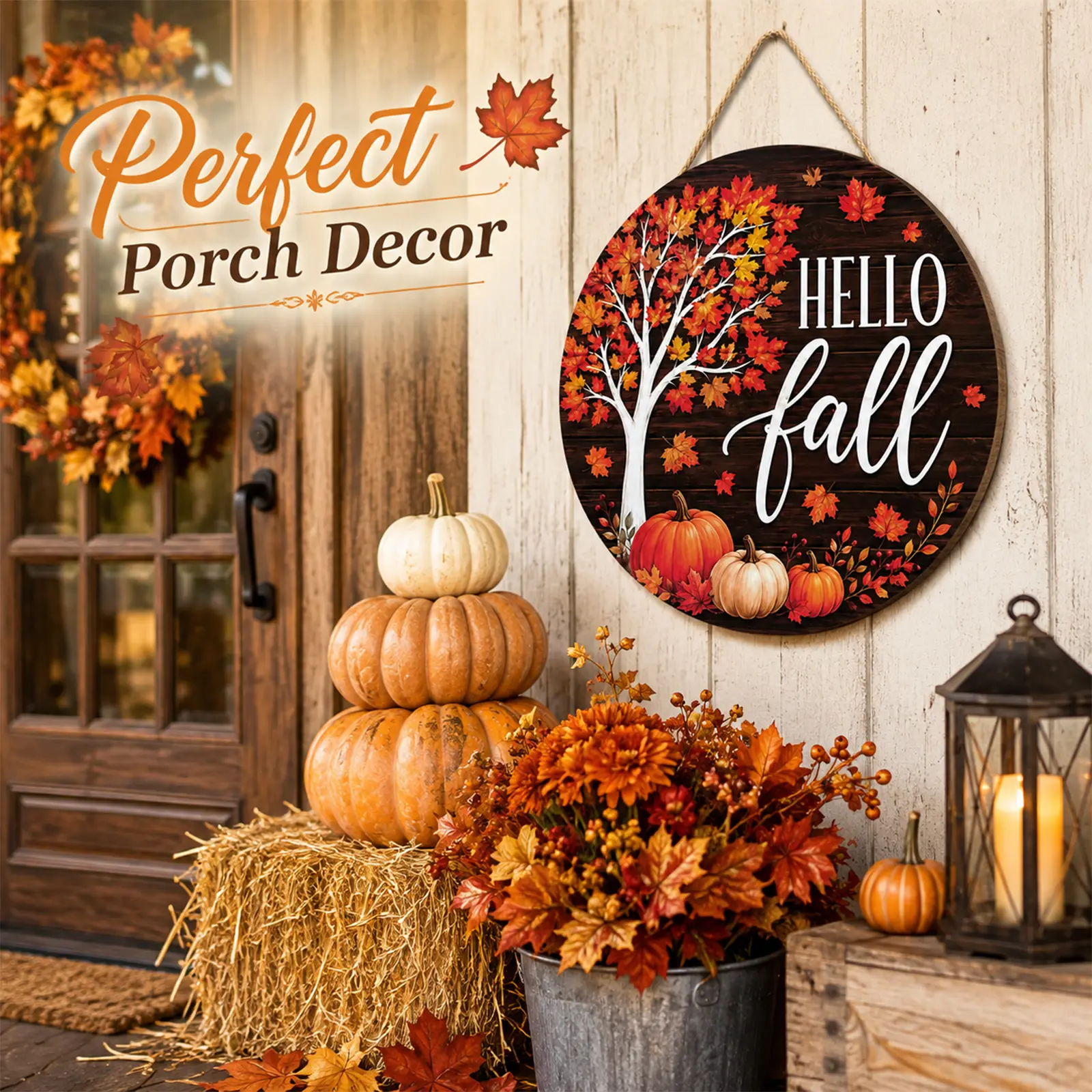 All-Season Front Door Decoration, WoodenWelcome Sign 12x12 Inch Round HangingWreath for Porch, Entryway, and Home WallDecor, Halloween Christmas Decor