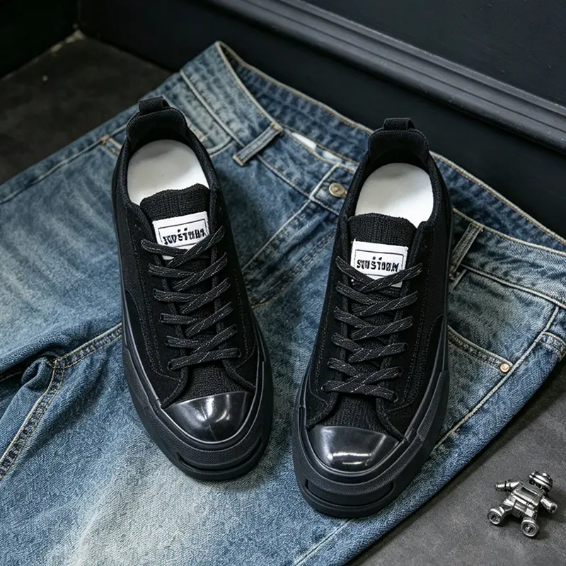 All Black Mesh Patchwork Vulcanized Sneakers Unisex Glossy Toe Cap Thick Platform Sole Low Top Breathable Canvas Skate Shoes Minimalist Streetwear Footwear